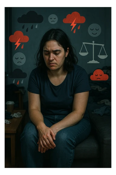 Donna tra i 25 e i 35 anni seduta da sola in una stanza, con lo sguardo basso e un’espressione di frustrazione e stanchezza. Sul volto si notano peli visibili sul mento e sopra il labbro, simbolo di irsutismo. Intorno a lei, l’ambiente appare disordinato, con luci fredde e atmosfera pesante. In trasparenza, simboli stilizzati di sbalzi d’umore (nuvole scure e rosse alternate a simboli di calma), e una bilancia emotiva sbilanciata. Le mani stringono le gambe, in gesto di disagio fisico ed emotivo. Colori cupi con accenti contrastanti. Stile realistico con elementi simbolici sticker