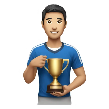 an asian man with a champion cup sticker