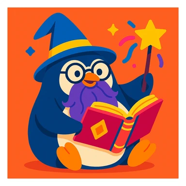 chubby penguin wizard with glasses, long beard, magical book, playful illustration style, vibrant colors sticker