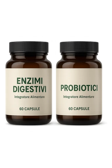 DUE BARATTOLI di integratore con la scritta "ENZIMI DIGESTIVI" E "PROBIOTICI", iperrealistico 4k sticker