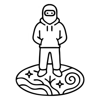 Person in ski mask and hoodie standing on vibrant earth surface with cosmic patterns and fractals flowing beneath feet sticker