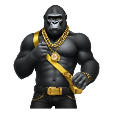 Gorilla holding a pistol wearing gold chain and watch , black shirt and a yellow bandana sticker