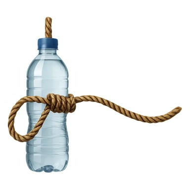 A long rope with a noose, transparent and detailed water bottle inside the rope, no background, realistic style, symbolic atmosphere, photorealistic and detailed transparent water bottle inside the rope. sticker