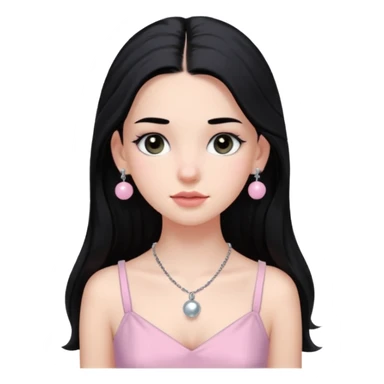 Menina branca ,cabelos longos cor preta , olhos cor preta puxados para cima. Cílios longos, lábios grossos ,nariz pequeno.vestido rosa claro de alça. Colar e brinco bolinha prata pequeno. Jovem de 16 anos  sticker