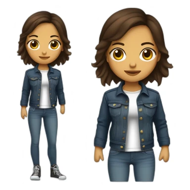 fille brune aux yeux marrons, cheveux mi-long ondulés, qui porte un jean un t-shirt rock et un blouson en cuir sticker