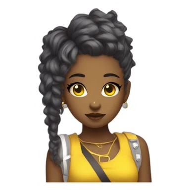 cute punk girl in yellow dress dark skin with yellow eyes and dark curvy hairs drummer anime style sticker