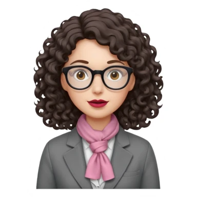 A crazy female scientist, with curly-wavy dark brown hair, brown eyes and light grey glasses and pale skin and pinkish lips, dressed to look like an english teacher but in neutral tones like grey black white, maybe with the pop of dark red sticker