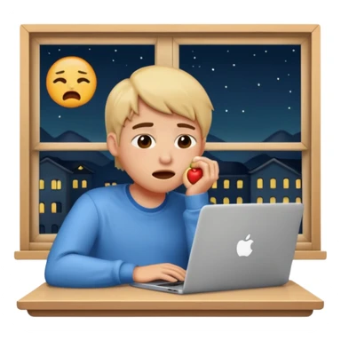 tired student with laptop, window at night behind, drooling, apple style emoji sticker