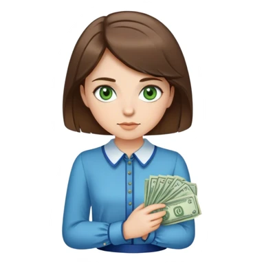 Girl with short brown hair, green eyes, wear blue old money blouse sticker