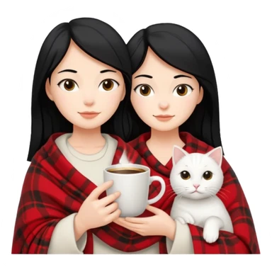 Beyaz kedi siyah saclı bayan elinde kahve ve battaniyesi sticker