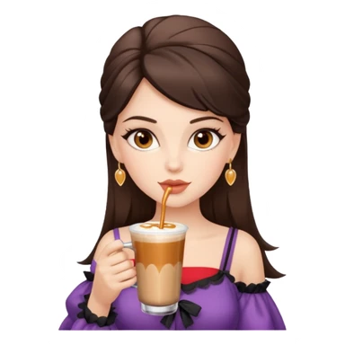white brunette with brown eyes and a coquette outfit, drrinking caramel machiatto sticker