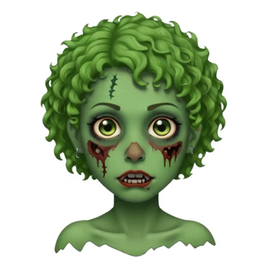 faça uma cabeça verde de zumbi femenina, com im cabelo curtinho cacheado, piercing no nariz, e brincos na orelha sticker