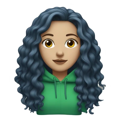 white girl with long wavy dark blue middle parted hair wearing green hoodie sticker