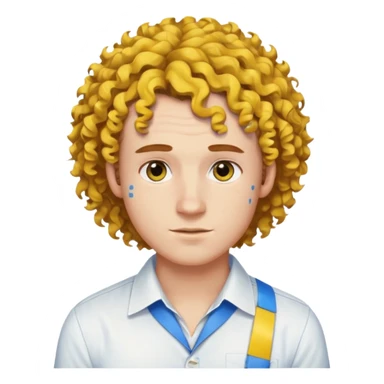 Make me an emoji that has a guy with a white shirt and yellow tape around the shirt with brown and blue spots hair make the hair curly sticker