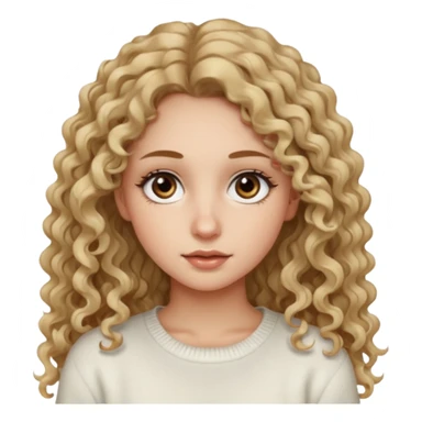 a dirty blonde girl with brown eyes and make her wearing a white sweater and  with really long curly hair and white skin color, long hair and really big lashes sticker