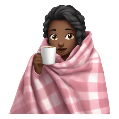 A cute black hair girl wrapped in pastel pink plaid blanket drinking coffee sticker