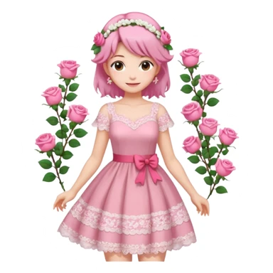 pastel anime woman with pink and white lace dress full body and roses in hair sticker