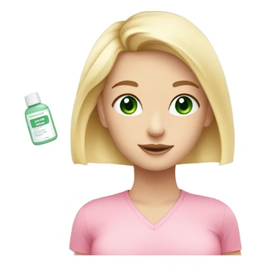 Pale girl, blonde hair to hips, doing skincare, green eyes, wearing pink shirt sticker