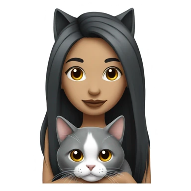 Beautiful dark haired tattooed woman holding gray and white long hair cat sticker