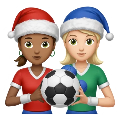 crie a imagem de 3 atletas, um homem no meio e duas mulheres, de modalidades esportivas diferentes, usando elementos esportivos, como por exemplo bola de futebol, luvas de luta e bola de vôlei... e usando um chápeu de papai noel das cores verde e azul. sticker