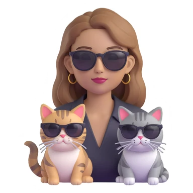 white woman with light brown ombre hair and grey tabby cat, both wearing black sunglasses, looking cool, 3D emoji style similar to Apple Memoji sticker
