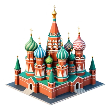 Isometric illustration of Moscow, featuring Saint Basil's Cathedral with colorful onion domes, hand-drawn painterly details, subtle texture on bricks and roofs, realistic shadows and soft lighting, muted yet vivid color palette, diorama miniature effect. sticker
