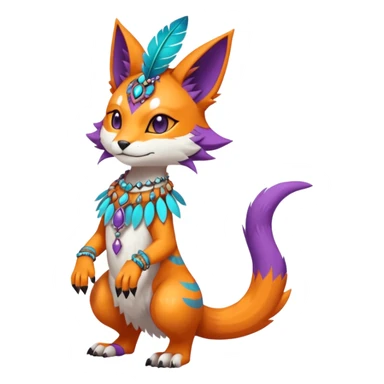 Kawaii cute orange purple turquoise exotic tribal beautiful pretty elegant divine edgy feline-vernid-sergal-Fakémon-Pokémon-Digimon-fursona-animal-creature with bracelet, necklace, full body, with intricate detailed markings, feather headdress  sticker