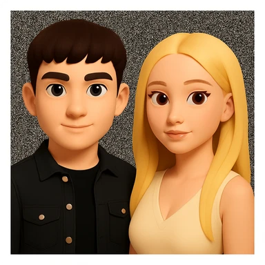 Slightly increase the volume of the upper body of the girl, significantly spread them apart from each other, make the skin color the same for both characters, while preserving the cartoonish 3D style as seen in the reference image. sticker