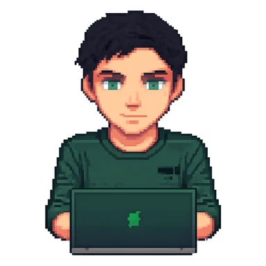 Change the man's hairstyle to a different style, keep him with dark hair and green eyes working on a laptop, pixel art style, simple background removed. Render in pixel art style. sticker