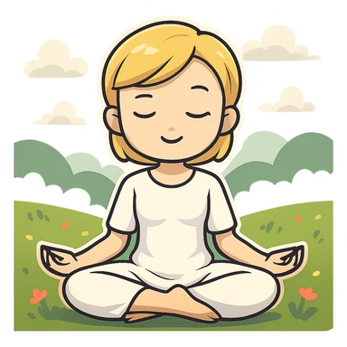 a blonde girl with a short haircut in a white dress sitting in a lotus position and meditating with a background, sticker style sticker