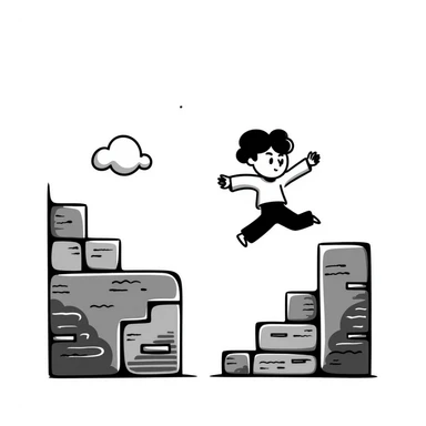 pixel art of a retro side-scrolling video game scene with blocks, platforms, clouds, and a character jumping, 8-bit Game Boy style sticker