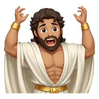 Cinematic Realistic Hercules Portrait, head tilted slightly with a dramatic, wide-open yawn, revealing a moment of relaxed, unguarded strength. His bronze, sculptural skin and thick, wavy dark hair retain their classical beauty even in repose. Draped in a gracefully flowing white robe with subtle golden details, the portrait is bathed in soft natural lighting, capturing a tender glimpse of vulnerability from a timeless Greek hero. sticker