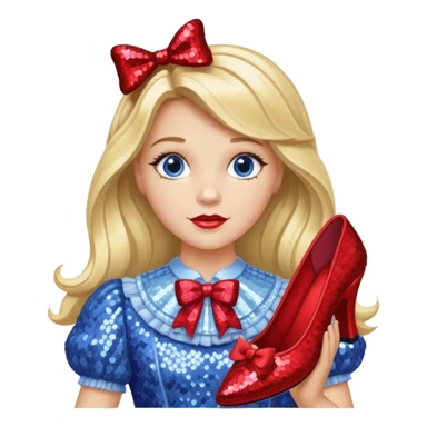 Dorothy Gale from Oz with long blonde hair, periwinkle sequin outfit, red bow sticker