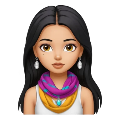 a pretty bratz girl with long black hair, kajal under eyes, small silver jhumkas. White tank top on. Colourful scarf around neck sticker