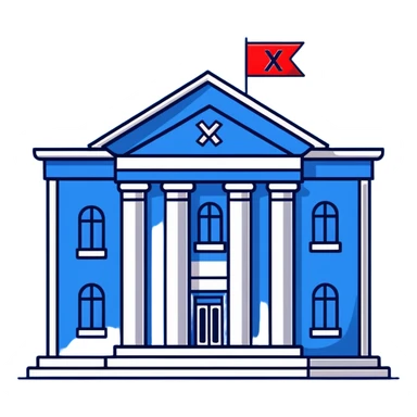 bank building with a red prohibition X, forbidden bank sticker