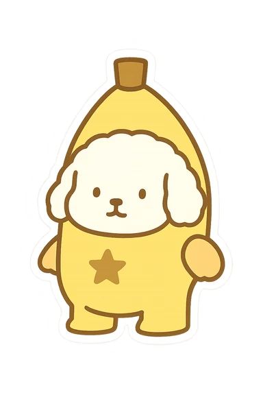 Transform the image into a WhatsApp sticker style featuring only the dog dressed as a banana. Remove the background completely and add a white border around the dog for a sticker effect. Maintain a chibi stickers illustration style with a transparent background. sticker