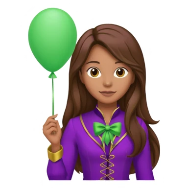 woman with long brown hair and purple costumes, holding green balloon sticker