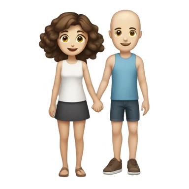 Two girls and one guy holding hands, both girls white skin, one girl brown hair, other girl no hair, guy has short brown hair sticker