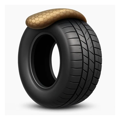 Create a tire emoji that looks exactly like the reference image in iOS emoji style. The emoji should have a 3D appearance with shiny, smooth gradients, soft shadows, and realistic tire texture, capturing the classic emoji look. Add a soft shadow under the tire. sticker