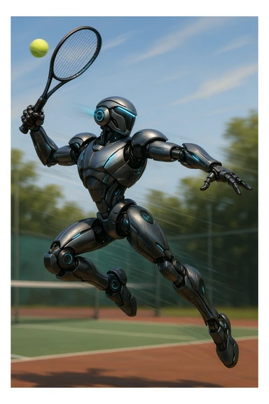 tennis robot in action, leaping to hit a ball, sleek design, glowing accents sticker
