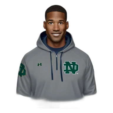 marcus freeman head coach of the university of notre dame wearing under armour sweatshirt hoodie with irish on it sticker