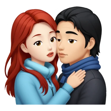 long black haired asian guy kissing redhead girl in snow sticker