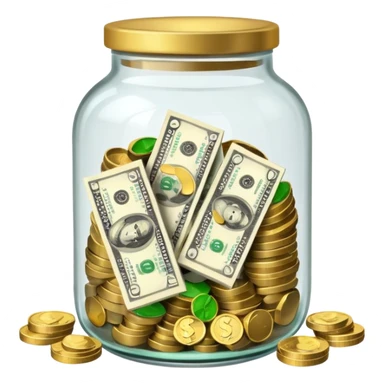 glass tip jar emoji style, simple with cash and coins  sticker