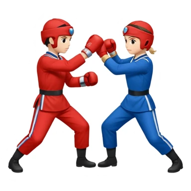 two peope sparring, red uniform and blue unidorm sticker