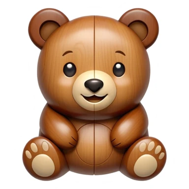 A wooden puzzle toy shaped like a bear with a cute smiling face sticker