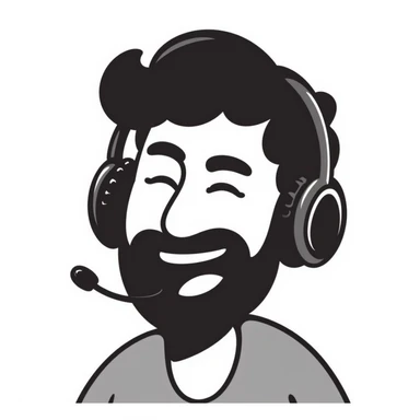 anime style laughing man with black hair, brown eyes, black beard wearing gaming headset sticker