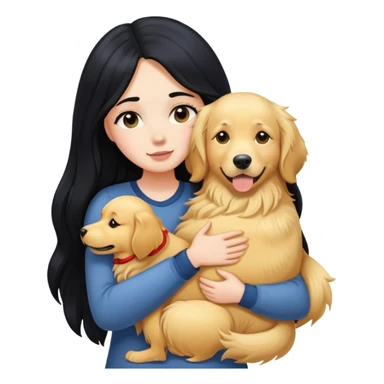 A white girl with long black  hair tightly hugged a Golden Retriever sticker