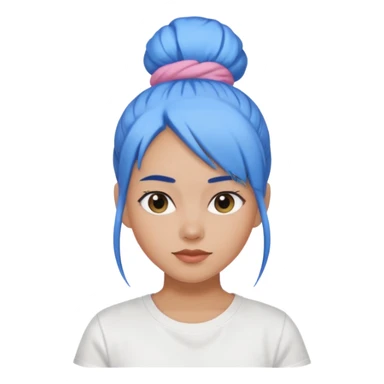 a woman with blue one bun hair, wearing white t-shirt sticker