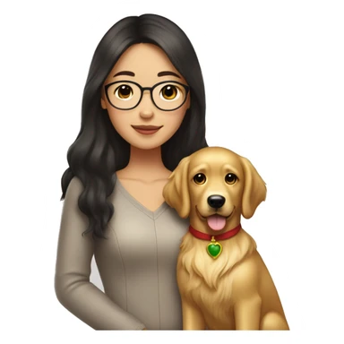 christmas Asian Girl with long glamorous dark brown hair and medium brown eyes and golden eyeglasses holds her pet golden retriever sticker