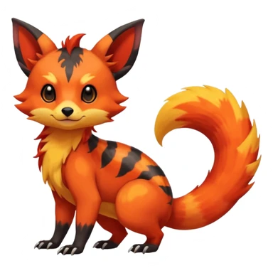 Rare tropical warm-colored exotic cute epic aesthetic colorful Salandit-Eevee-Civet-species-Fakemon-hybrid-creature, with wild fiery markings, full body sticker